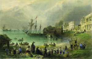 watercolour painting depicting a city waterfront with a ship in harbour and people gathered on the shoreline