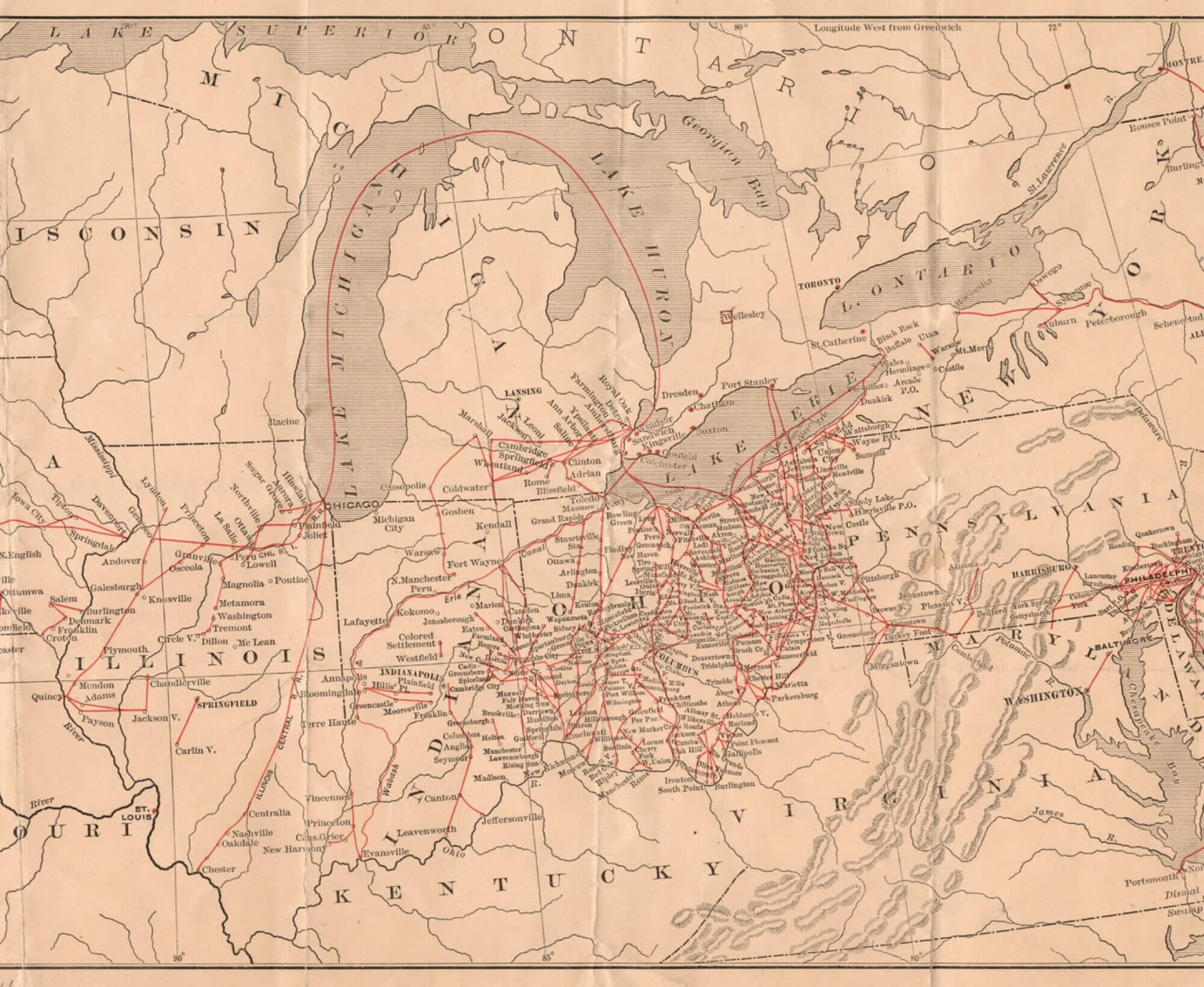 A Map titled ““UNDERGROUND” Routes To Canada, Showing The Lines Of Travel Of Fugitive Slaves, W. H. Siebert 1896”. This map shows the routes used by freedom seekers travelling from the Northeastern and Midwestern United States to Ontario, Canada, via various ports leading to the Great Lakes.