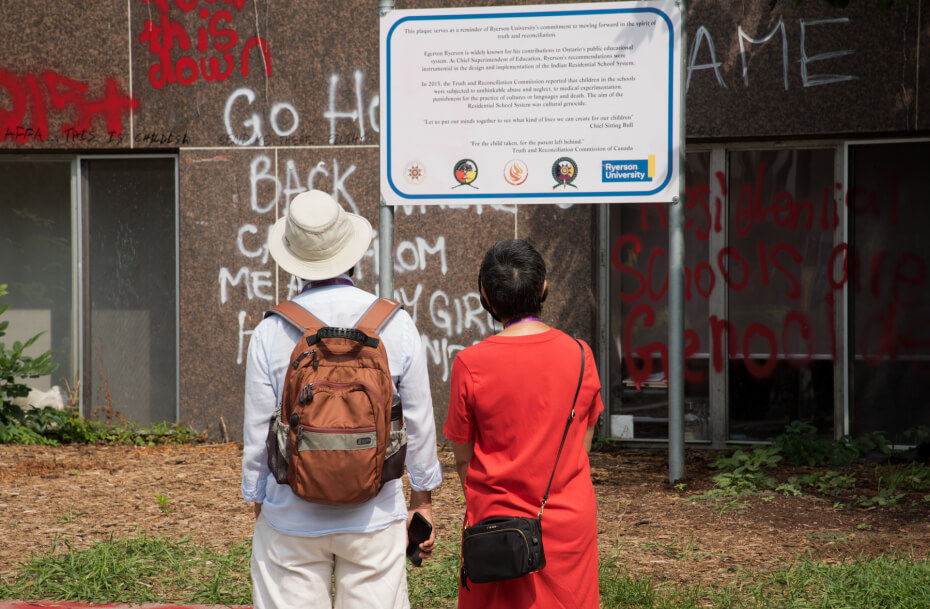 A man and woman with their backs to the camera face a sign and graffitied brick wall.
