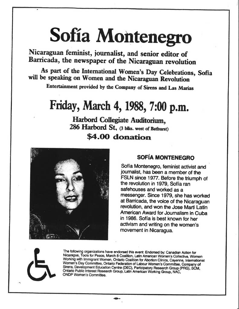 Image of a flyer advertising an event with Sofia Montenegro at the Harbord Collegiate Auditorium. Her name appears at the top in bold black lettering. Friday, March 4 1988, 7:00 pm also appears in black lettering in the middle of the image. A small black and white photograph of a woman with black hair is also featured.
