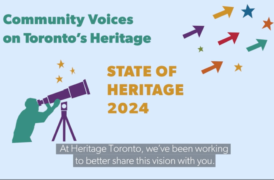 Screenshot of video title screen with 'community voices Toronto's heritage' and State of Heritage 2024 in lettering
