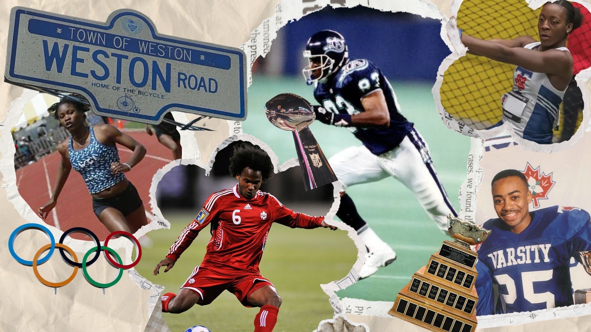Torn paper style collage of various graphical elements, including a street sign reading "Weston Road", the Olympics five-ringed emblem, and multiple photos of athletes.