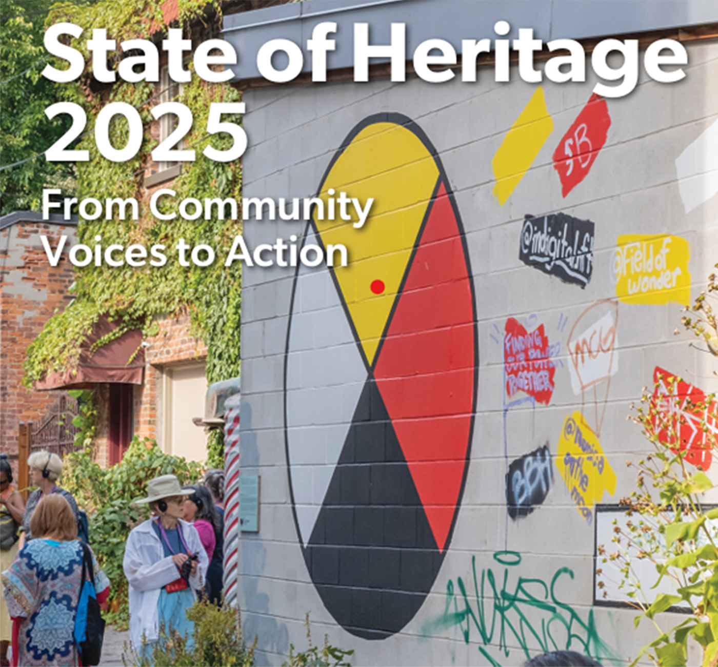 Details of a report cover showing image of brick wall with Indigenous symbols and people standing around. Some of the text reads: State of Heritage 2025.