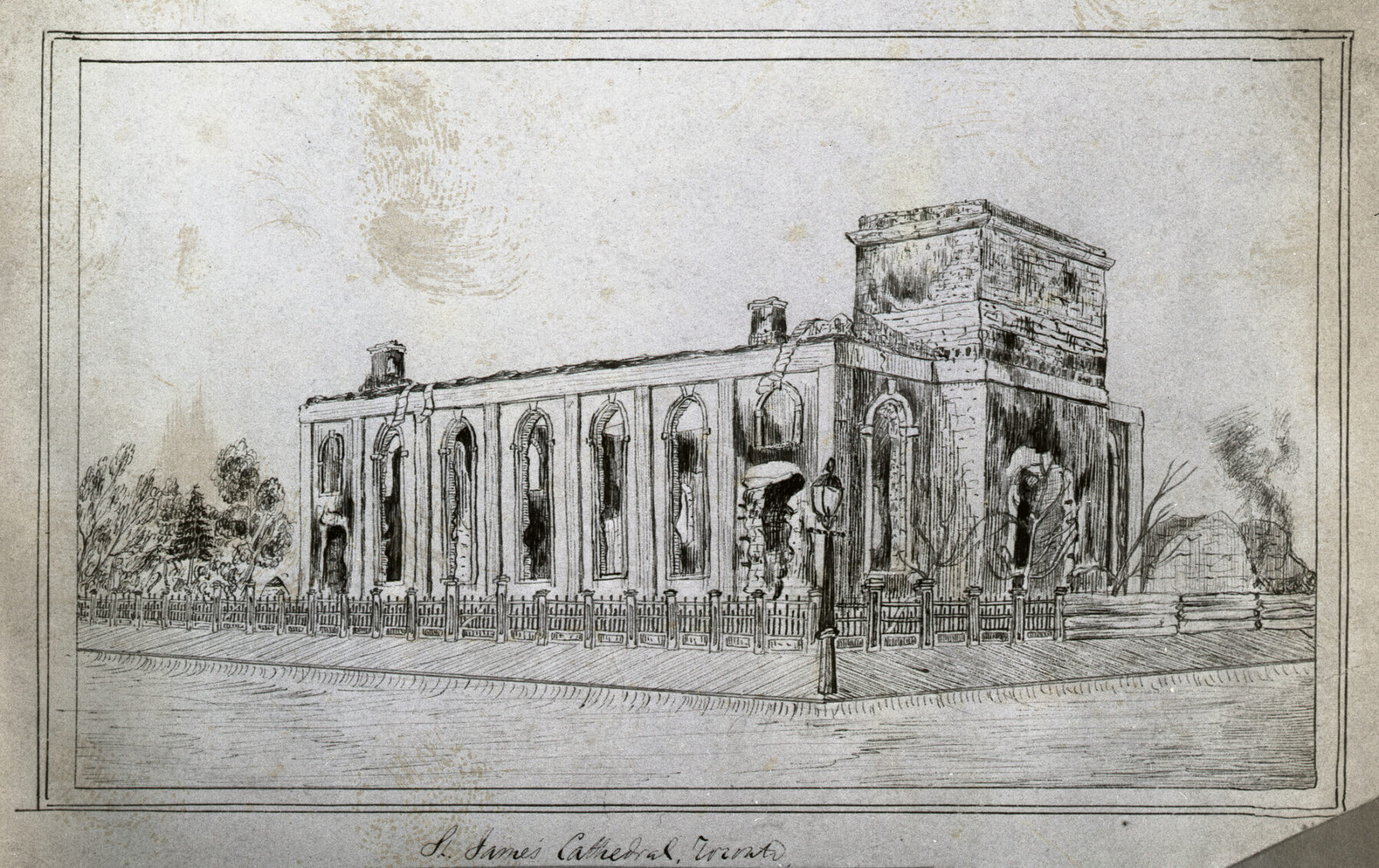 A black and white sketch drawing of the scorched remains of a church after a fire. The buildings windows are broken and there are char marks on the exterior of the structure.