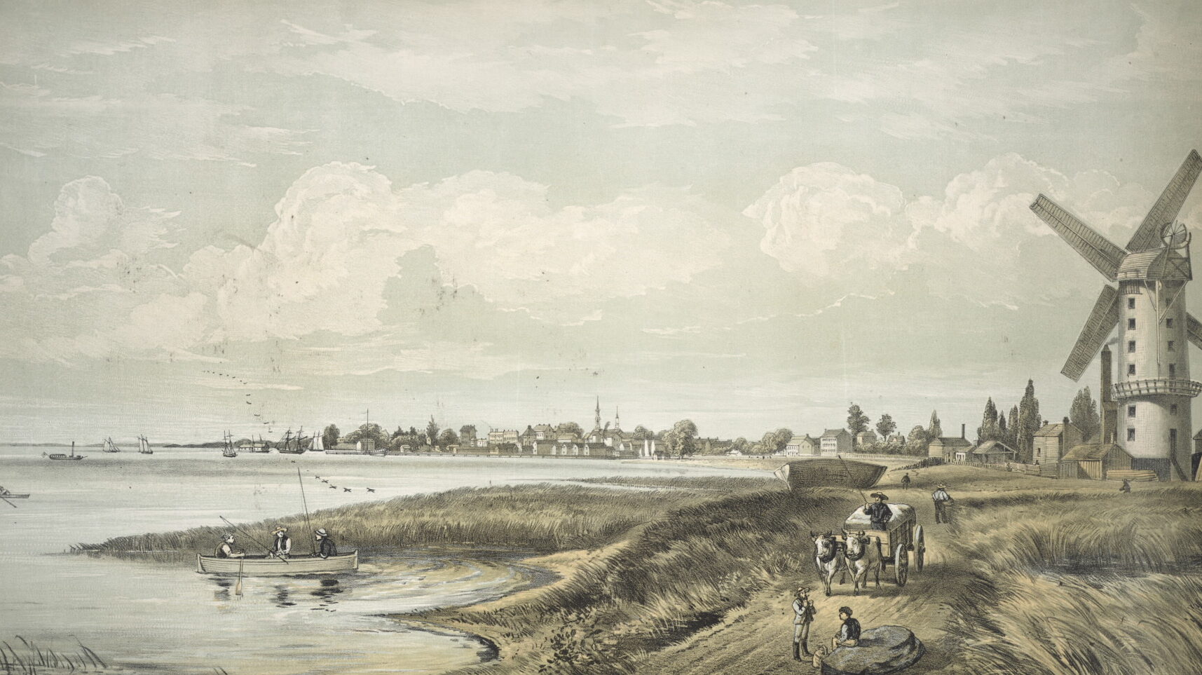Colour drawing showing Toronto Harbour. The city is in the background and two church steeples are pocking out in the background. In the foreground, there is a path with an ox-drawn cart and a mill to the right. To the left, people are fishing in the harbour. A flock of birds is leaving the marshes.