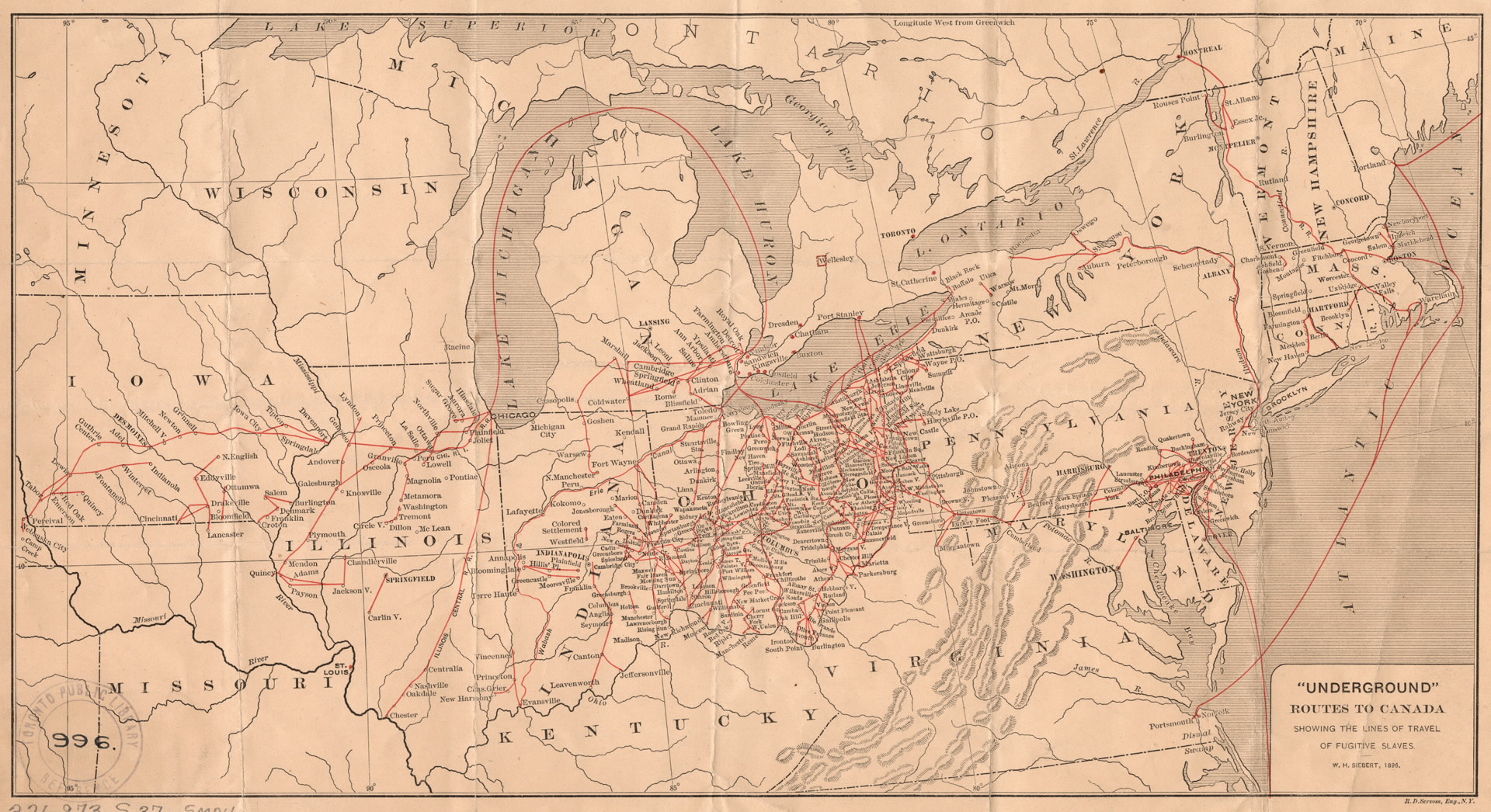 A map of the United States and Canada, showing routes of the Underground Railroad.