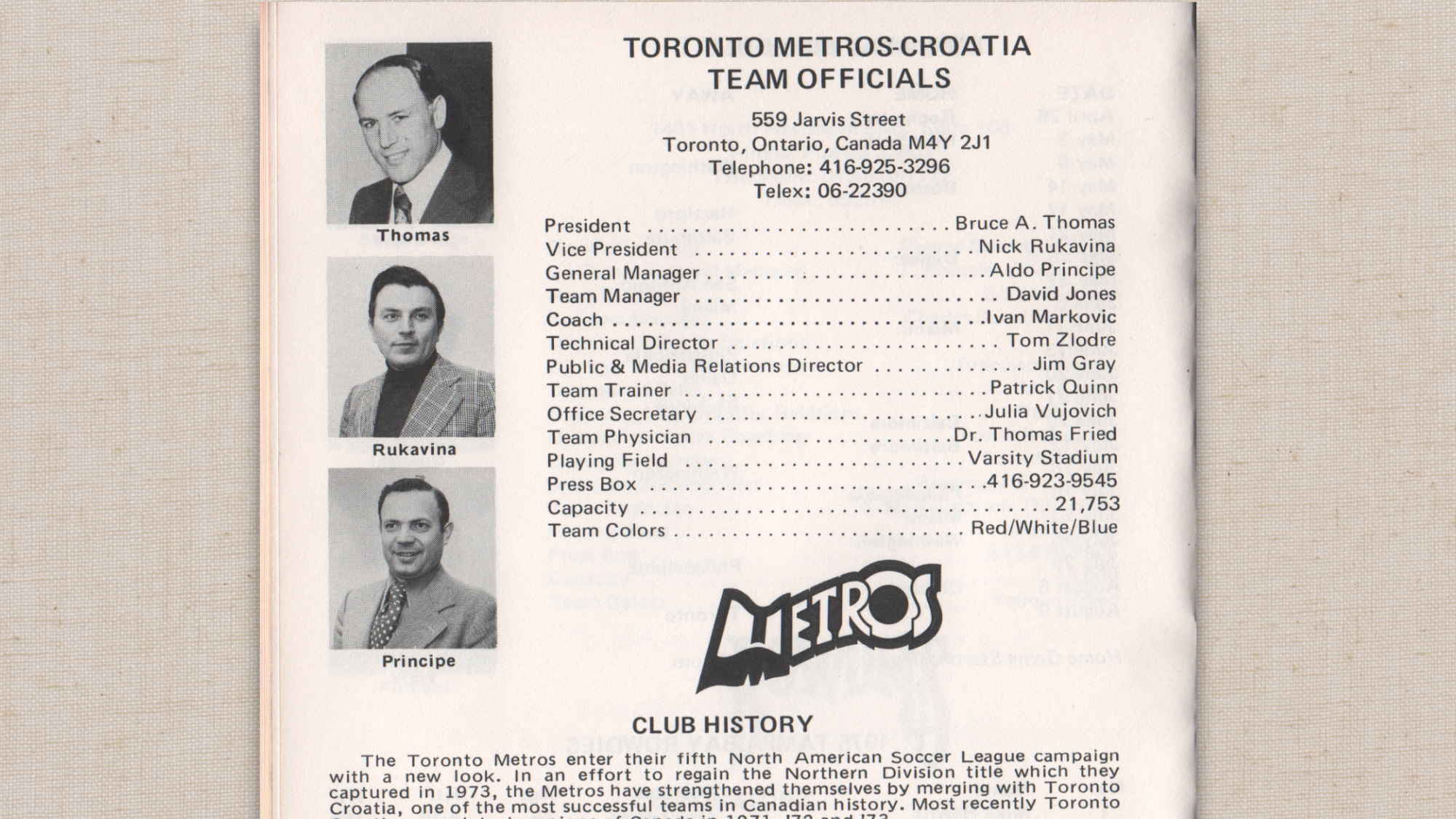 A page titled: "Toronto Metros-Croatia Team Officials", featuring three portraits of people.