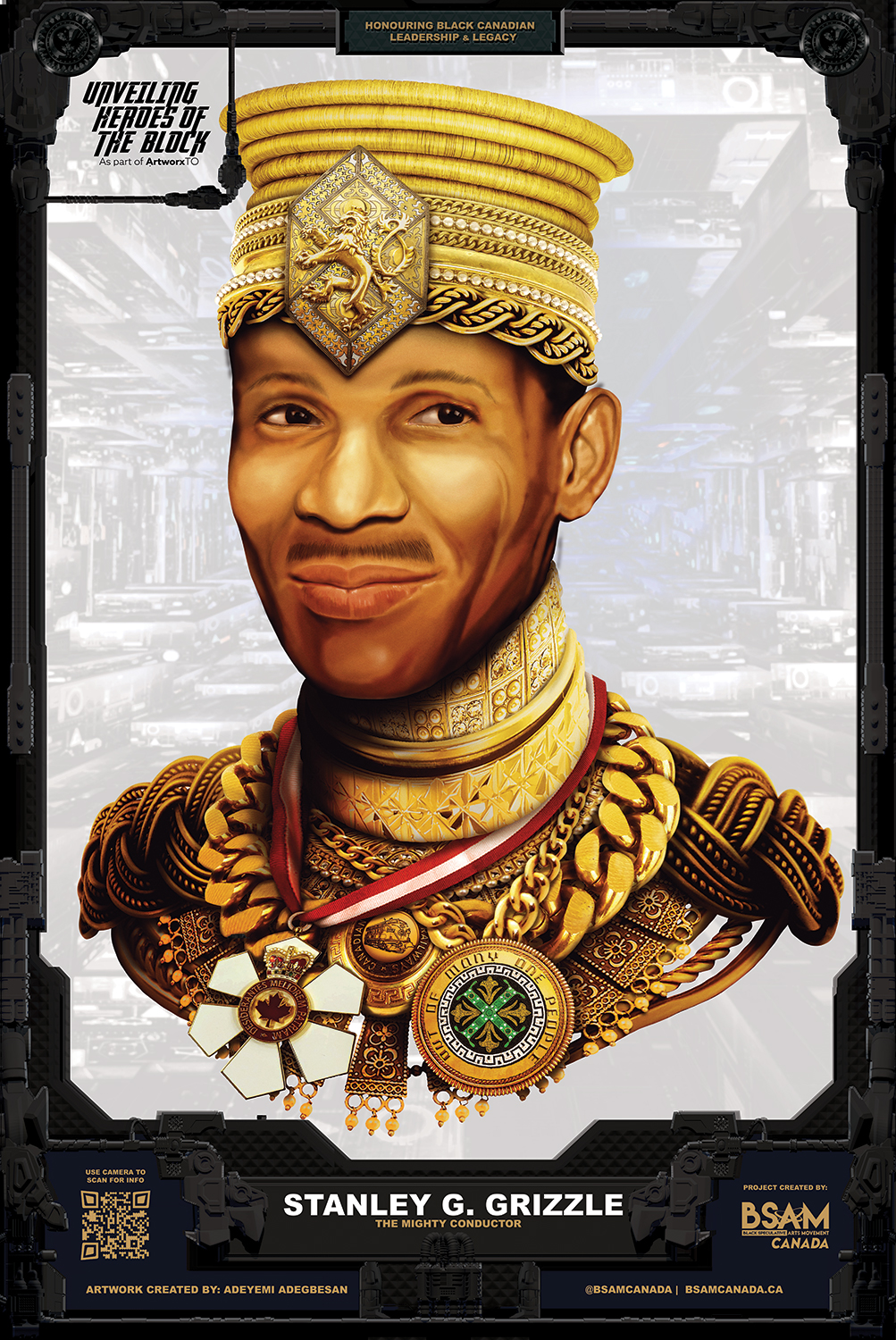 Artistic depiction of the bust of a man dressed in golden regalia. He wears a golden headpiece and ornamental necklaces and medals around his neck.