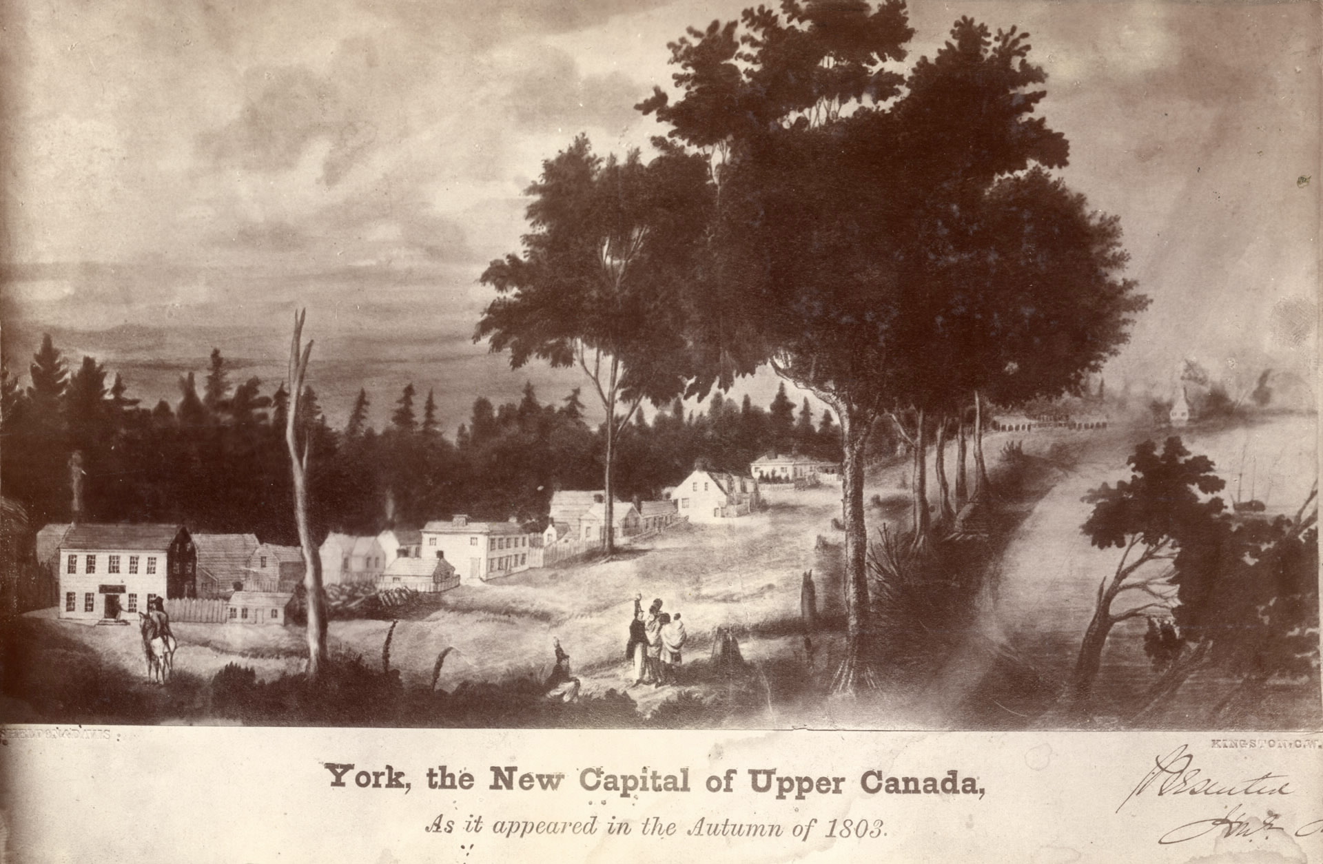 Black and white image taken of a watercolour painting with the caption "York the new capital of Upper Canada, as it appeared in the autumn of 1803" Shows a dirt road along a waterfront, lined with trees and small houses. There are people walking in clothing typical of the time.