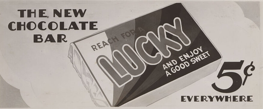 An illustration advertisement for Lucky chocolate bars costing five cents.