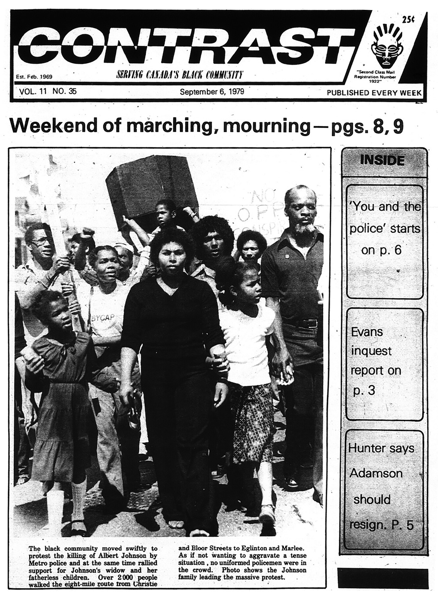 Image of the front page of a newspaper titled Contrast; the headline is "Weekend of marching, mourning" and the main image is of a group of people marching in protest.