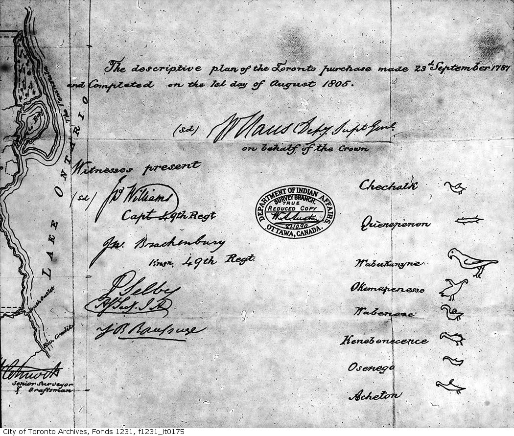 Black and white copy of a document with many handwritten signatures, some, namely those in the right-hand column, have small illustrations of birds beside each handwritten name. To the the left of the document is a portion of a map that reads, "Lake Ontario". The top of the document reads, "The descriptive plan of the Toronto purchase made 23rd September 1787 and completed on the 1st day of August 1805." There is a circular stamp in the middle of the paper that says, "Department of Indian Affairs / Survey Branch. / True /  Reduced Copy / [a signature?] / 271090 / Ottawa, Canada".