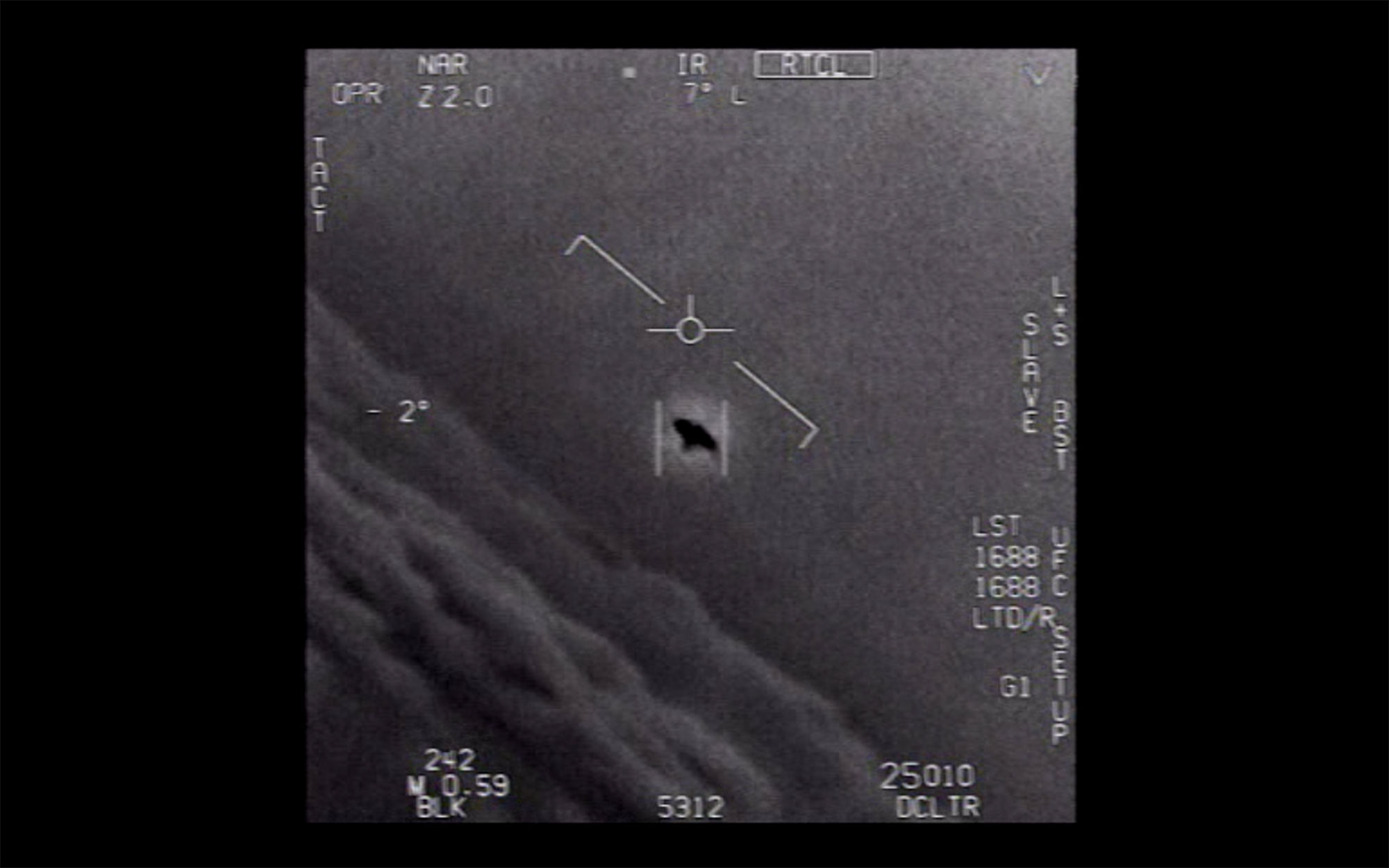 Black and white image showing a central indicator in which a dark saucer-shaped visual appears. Various measurements in white text appear on the image borders, with white cloud-like formations visible along a diagonal at the lower right.