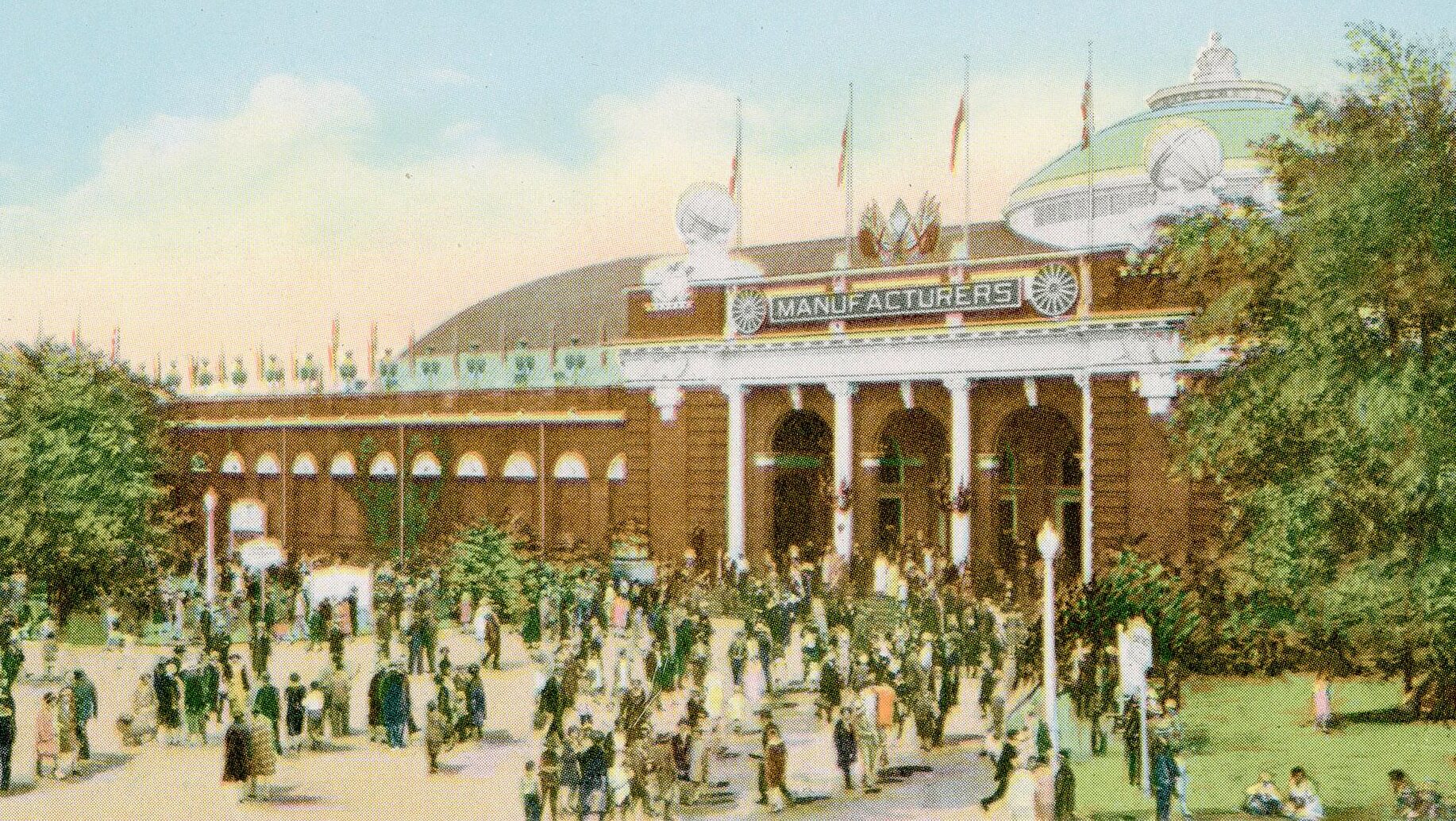 A colourized postcard of the Manufacturers' Building, showing the building's main entrance.