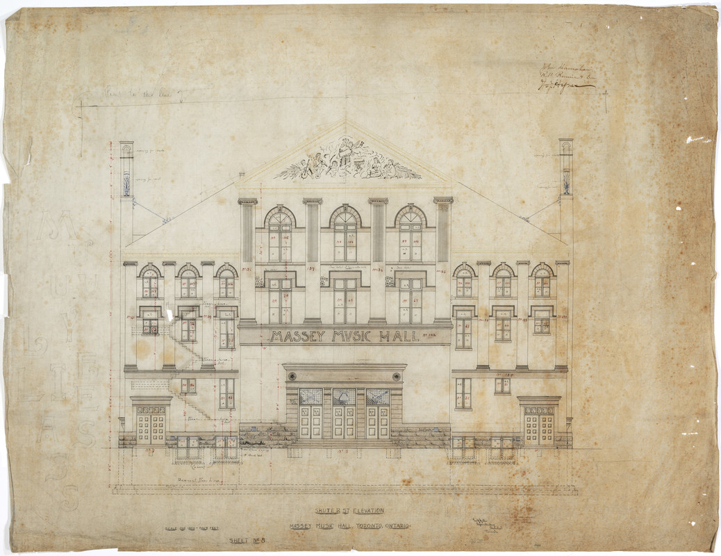 The architectural schematics of a music hall, showing the exterior of the building, including windows and the name "Massey Music Hall"