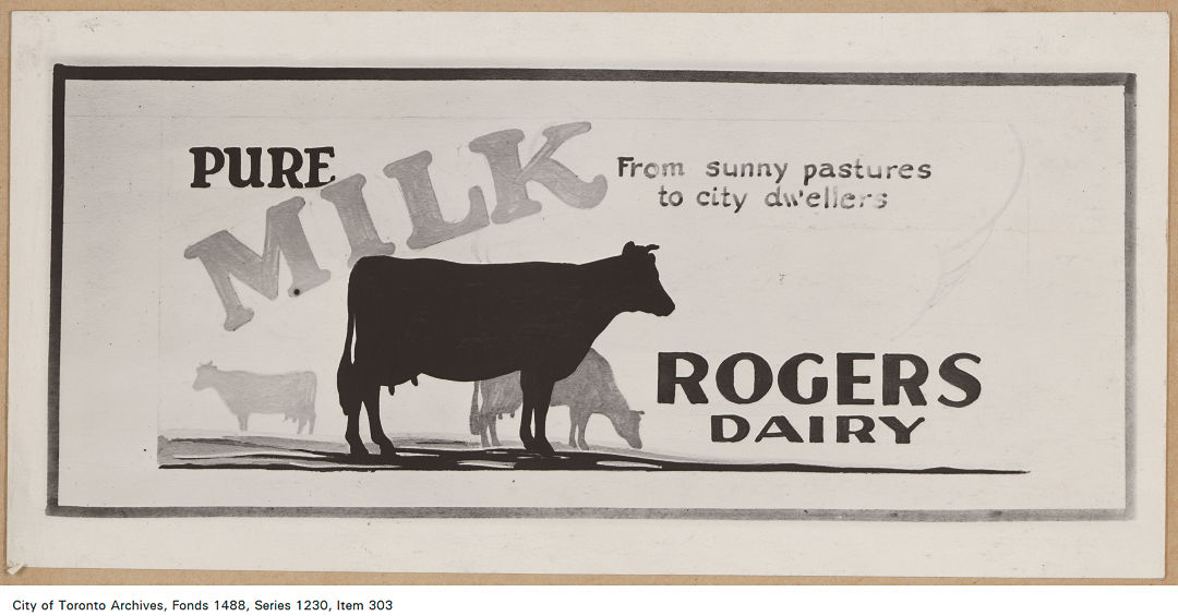 Graphic showing outlines of cows on a pasture with writing within borders reading:
PURE MILK
From sunny pastures to city dwellers
ROGERS DAIRY