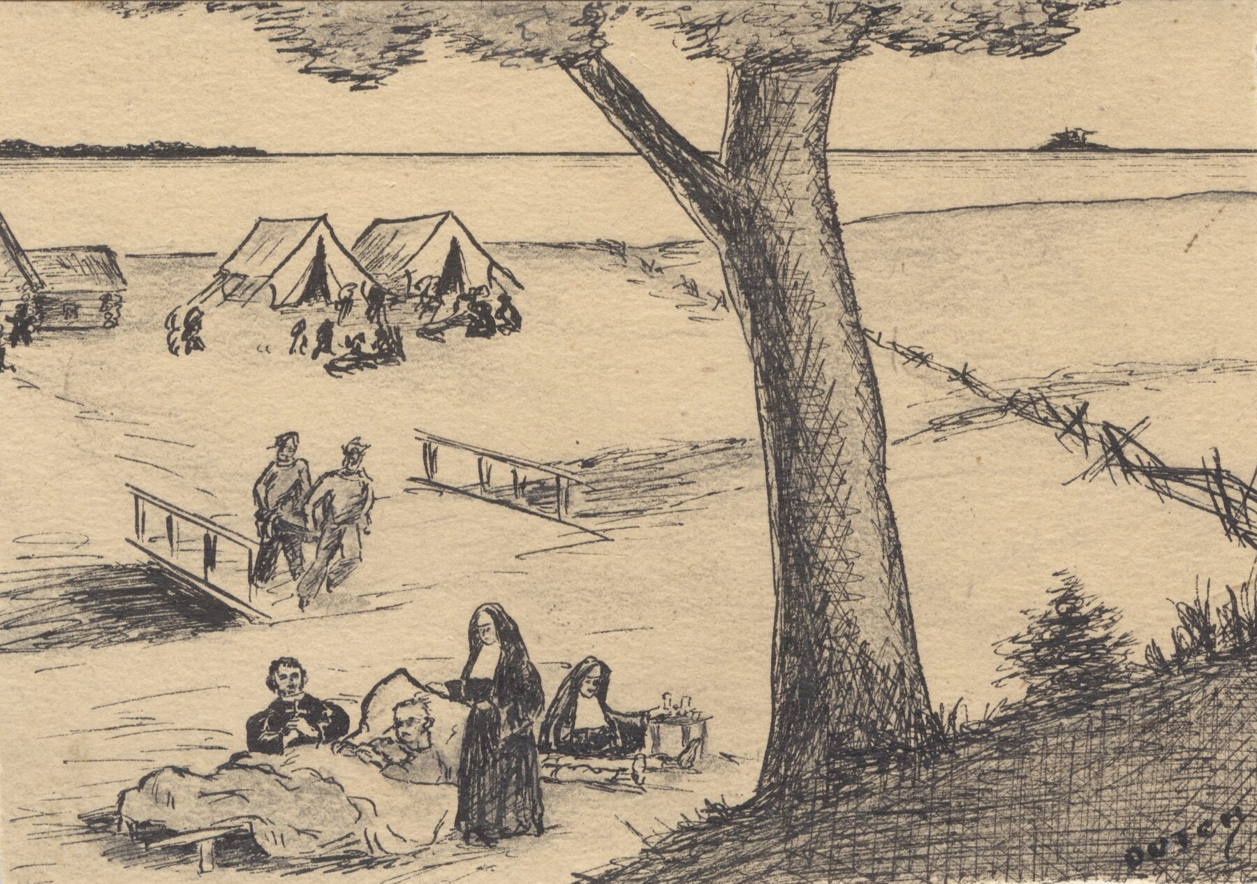 A pen illustration of an outdoor scene. A tree stands in the middle of the frame. In the distance, a body of water can be seen. Behind the tree are several tents and a small bridge. Several figures can be seen, two of which are dressed in nuns' habits.