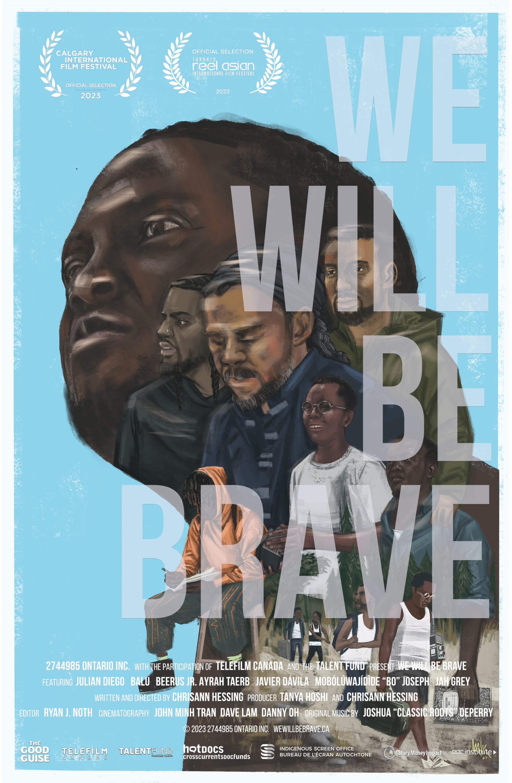 Poster for "We Will Be Brave" film, with the title written in faded white font right justified over a collage of men's portraits on a sky blue background.